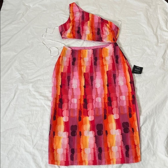 Lulus Luminous Vibes Hot Pink Abstract One-Shoulder Cutout Midi Dress XL NWT - Picture 3 of 13